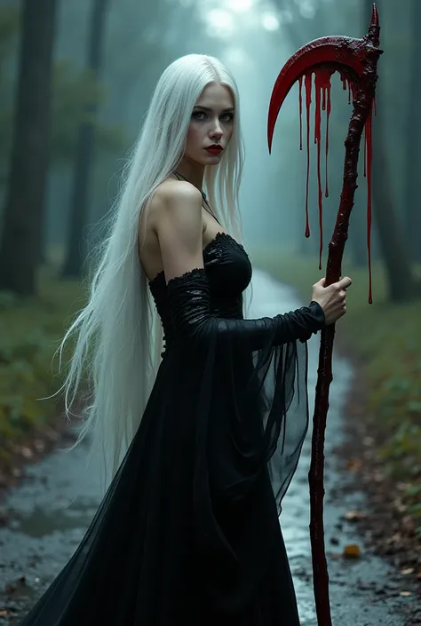 Real photo, extremely realistic. beautiful woman, ((White hair)). She has a shiny black dress. She holds a scythe made of blood. In the background you can see a wet path that leads to a forest