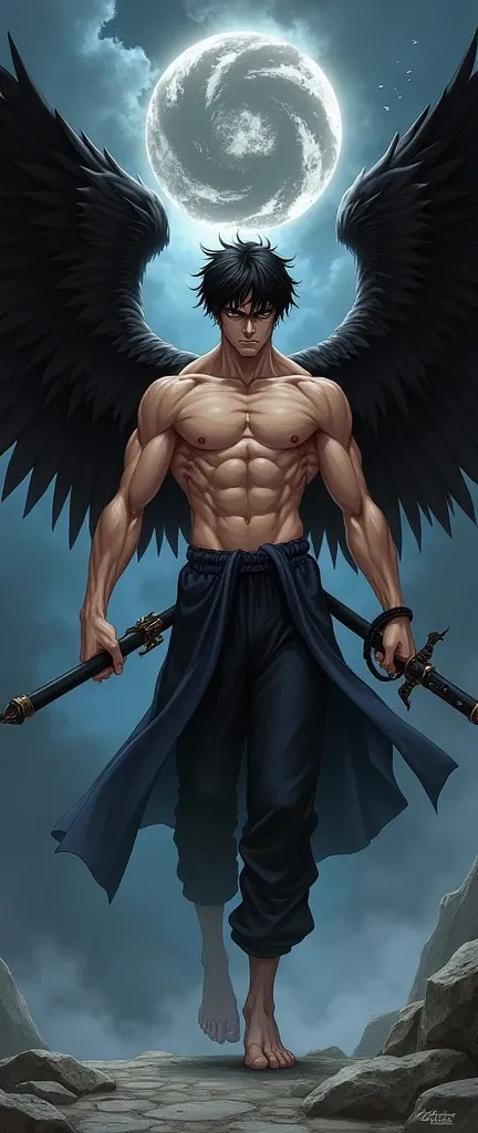 Cuerpo completo,Anime de los noventa, 2000s anime Bishounen . Naked winged angel rough man masculine tiny waist Nice butt angry face, black short hair, naked undressed male with bulge.  Holding a dark energy sword. An a sphere of darkness floating over his...