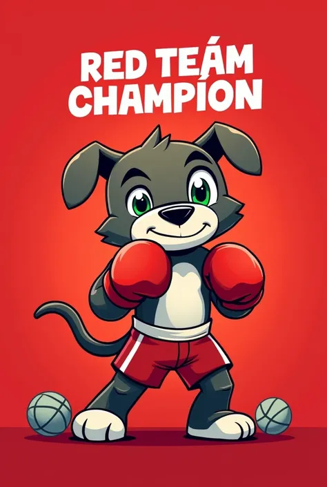 Red poster with a grayish brown boxer mascot with a white snout and two white paws with a green eye without muscles and a title:RED TEAM CHAMPION in Portuguese but leaves the sports poster with balls BUT DON&#39;T LEAVE THE DOG WITH MUSCLES 