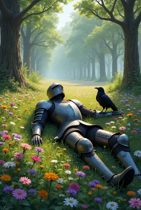 Knight lying dead in a field full of flowers