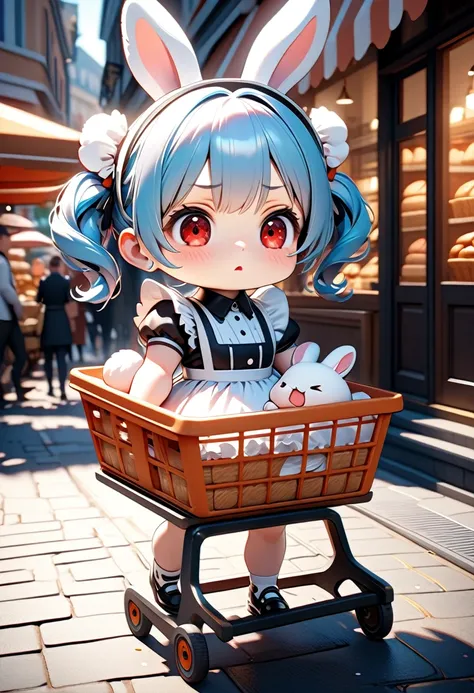 A super chibi style (1.3) girl with red twin tails, maid hair accessories, red eyes, wearing a cute frilly maid dress, holding a shopping basket in one hand, walks with a fluffy white rabbit in a towns shopping district, looking at a bakery, the rabbit loo...