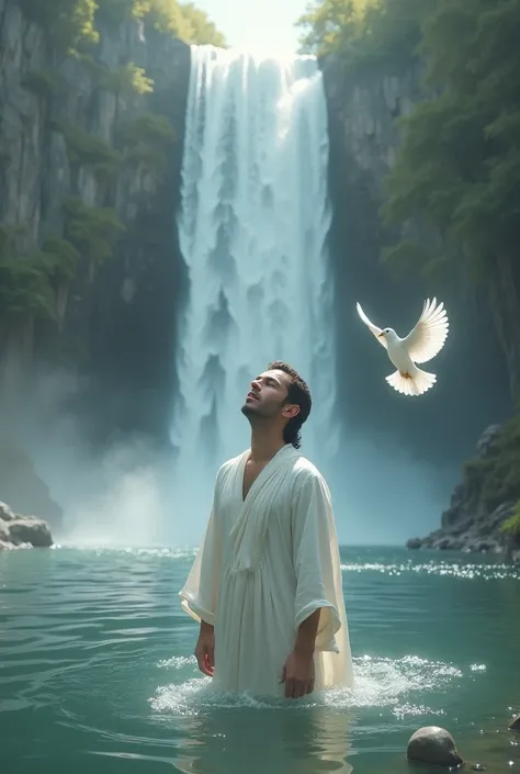 Person dressed in white being baptized, that there is a dove nearby and that it is in a river and that there is a waterfall 

