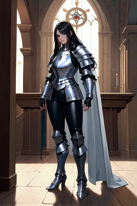 a tall muscular mature woman with long messy black hair and pale blue eyes, in a medieval town, standing in a church, wearing light knight armor without a helmet, a white jacket, black pants, black boots, and fingerless gloves, (best quality,4k,8k,highres,...