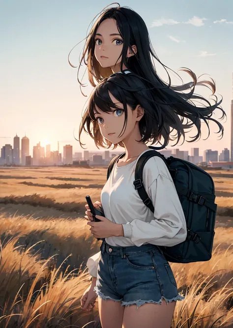 The vast sky, beautiful skyline, large grasslands, extremely tense and dramatic pictures, moving visual effects, high hanging Polaris, colorful natural glare. A girl in a long-sleeved top and denim shorts with a side backpack