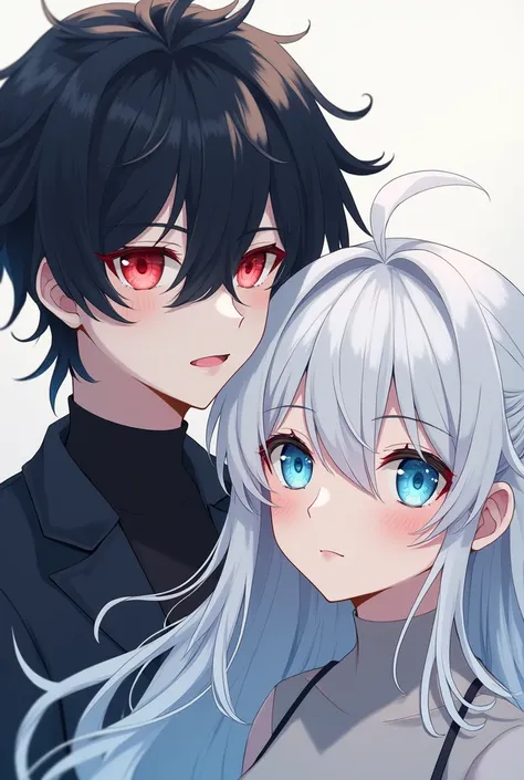 Make a white hair guy and blue eyes anime boy and make a boy with black hair and eed eyes
