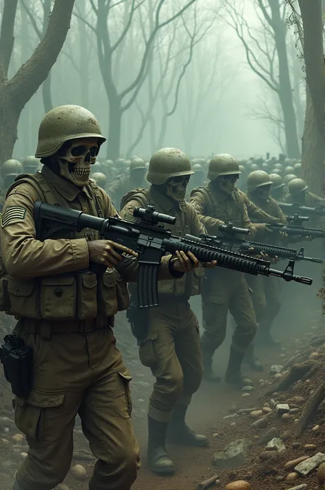 Make a land with millions of skeletal American soldiers heavily armed with high-precision rifles, with a chaotic background and weapon trees.