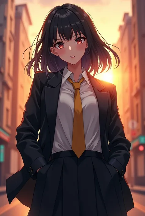 anime style 1girl, intricate detail, masterpiece, best quality, extremly detailed,cinematic lighting, beautiful detailed glow, finely detailed beautiful face and eyes, 8k, dark intense shadows, yellow eyes, medium hair, black hair, bangs, floating hair, bl...