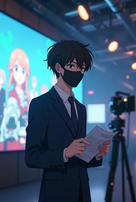 A teenager boy wearing a mask do news report left side big screen and apperance a anime teenager 