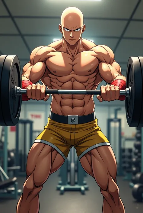 (a detailed illustration of Saitama:1.5,  One punch man, with gym clothes, training intensely in a bodybuilding gym:1.3, fully body:1.2)