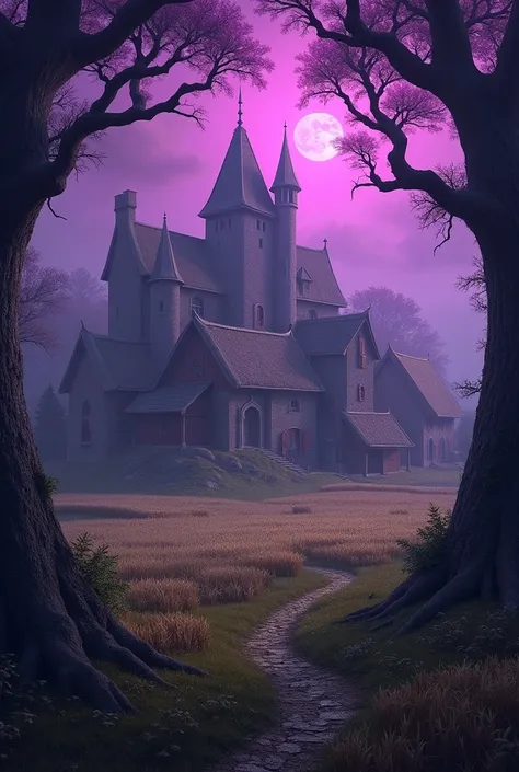 A medieval village with fields of crops and several trees surrounding the place with a corrupted purple glow 