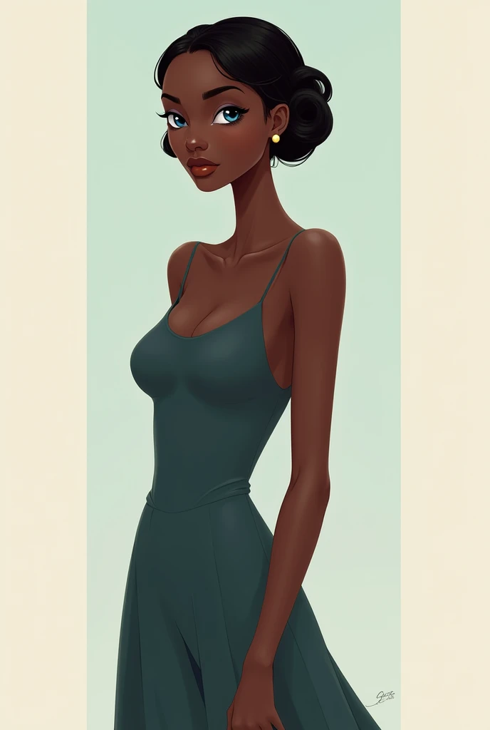 tall woman, tez negra, slim, blue eyes animated, a little more cover

