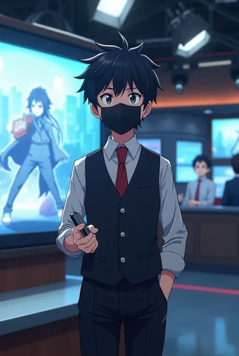 A teenager boy wearing a mask do news report left side big screen and apperance a anime teenager 