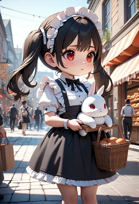 A super chibi style (1.3) girl with red twin tails, maid hair accessories, red eyes, wearing a cute frilly maid dress, holding a shopping basket in one hand, walks with a fluffy white rabbit in a towns shopping district, looking at a bakery, the rabbit loo...