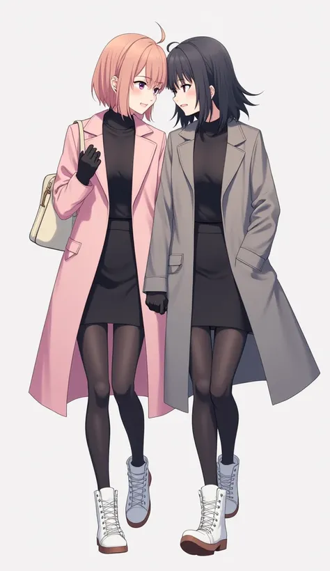 Two girls, long black hairs, yuri, lesbian.

The first girl wear a pink long coat, black shirt, black pencil skirt, black underpants, black tights, black gloves, white boots sneakers high top.

The second girl wore a grey long coat, black shirt, black penc...