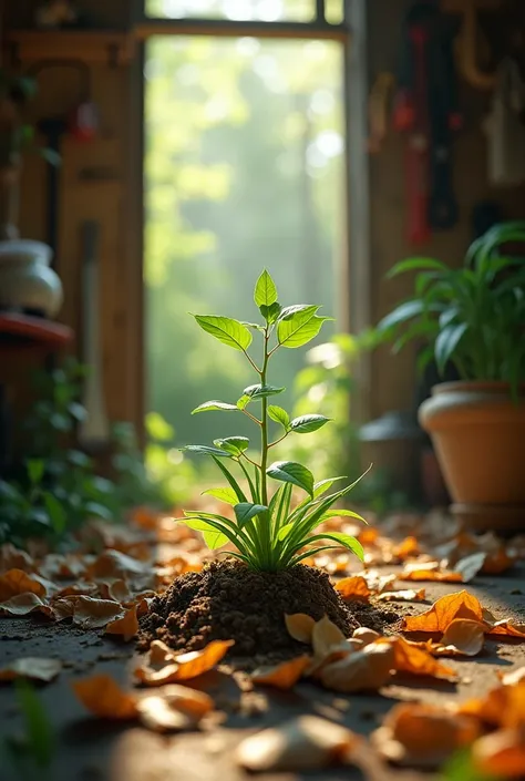 A grow small plant in the leaf garage.