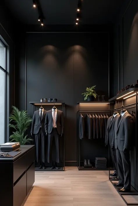 Create an image of a menswear store environment with a black wall as the main background. The store must have a modern and sophisticated design, focusing on an elegant presentation of clothes. On the scene, Include elements like:

black wall: A solid, well...