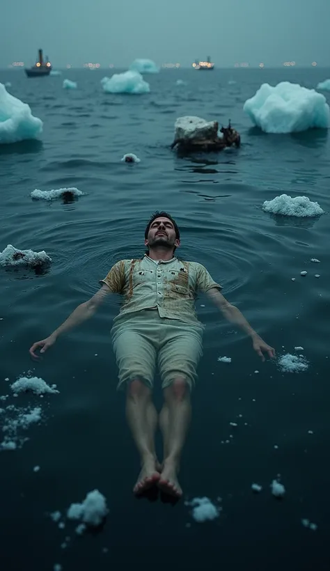 A man floating on the surface of the icy Atlantic waters, wearing a bakers uniform partially soaked, his face calm and peaceful despite the chaos, early 20th century style, surrounding him are ice chunks and the debris of the Titanic, cold, dark ocean stre...