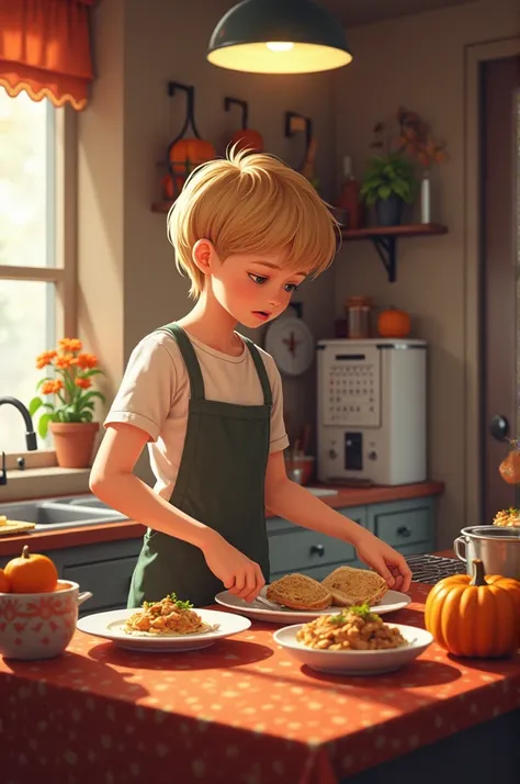 Show me a picture of a blonde, brown-haired high school student cooking a September 15th meal with decorations alluding to the date 