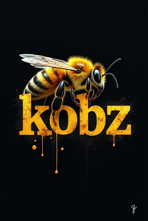 Make me a bee on a black background with the inscription in front "KOBZ" in degraded gold 