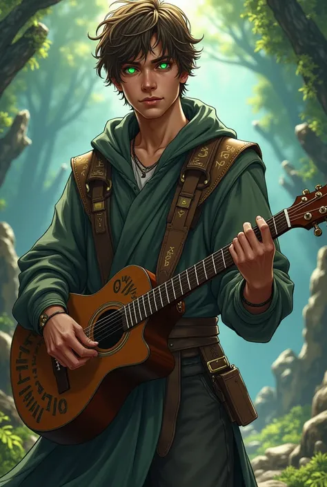 a man of normal build, with short, shaggy brown hair and green eyes that shine with an almost supernatural intensity. His robes are simple, made of leather and rustic fabric, but he always carries a dark wood guitar with him, adorned with ancient runes. In...