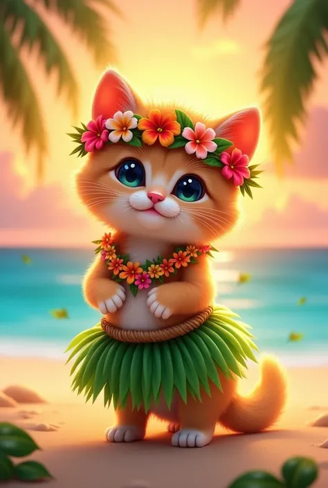 Cute kitten、Hula Costumes、Beach Background、sunset、upright、3d、Illustrated style