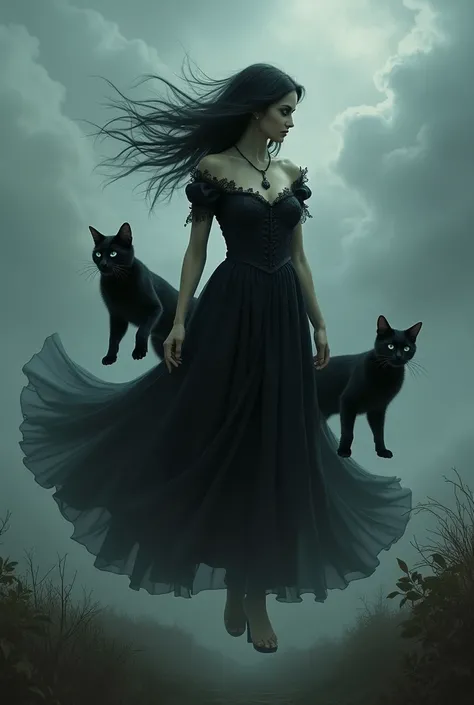 A gothic woman being carried by the wind with two cats 