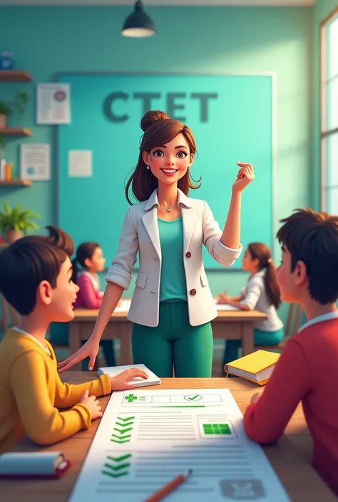 Image description:
Write ctet in the image
- A smiling teacher in a classroom setting, surrounded by happy students
- A CTET exam paper or a textbook in the foreground
- A green checkmark or a certificate icon to represent success
- Color scheme: calming s...