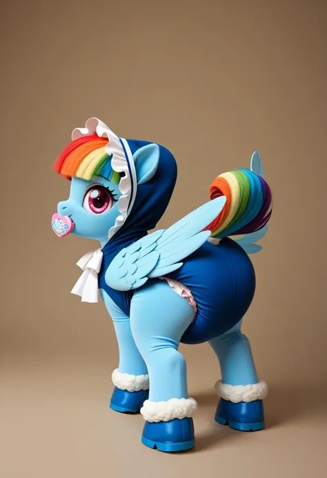 blue pony pegasus alone, blue wool, adult filly, rainbow mane, gathered in a pale blue bonnet, rainbow tail, cherry eyes, stands on four hooves, rear hooves spread wide apart, dressed in a pale blue bodysuit with holes for wings and pale blue booties, pale...