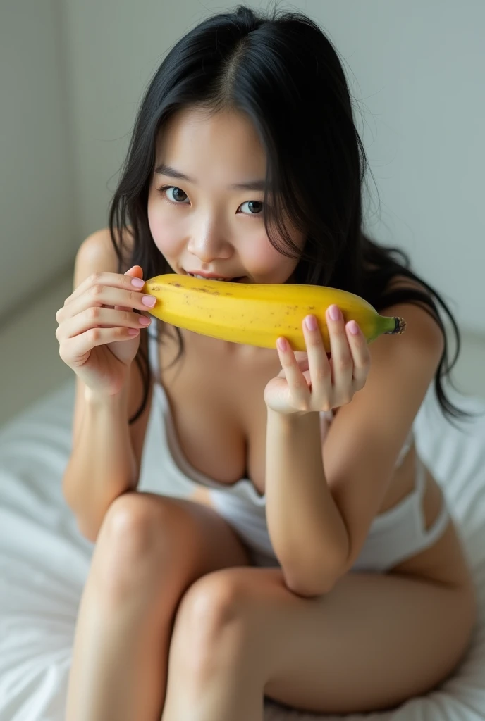 A Asian girl sitting in doggystyle position eating large banana , taking a realistic photo