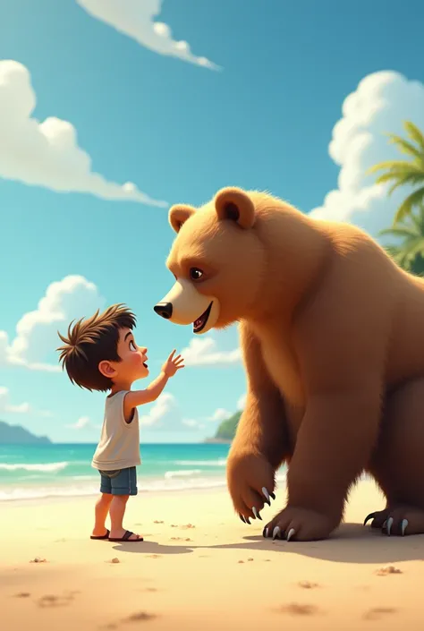 A BEAR AND A BOY ON THE BEACH