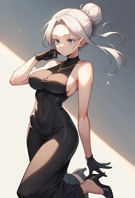 She is a white-haired girl, has white eyelashes, Her hair is tied in a loose bun, has blue eyes, some of her hair falls on her forehead, covering the part of the nose up to the upper lip, Light blue eyes, is pale skinned. She wears a tight black dress that...