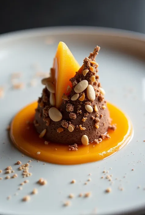 Create an orange and cardamom mousse in the shape of a trapezoid that is mounted on a disk of orange cake the same size as the base of the mousse. The cake will be covered in chocolate with almonds., hazelnuts and candied orange, The top of the mousse will...