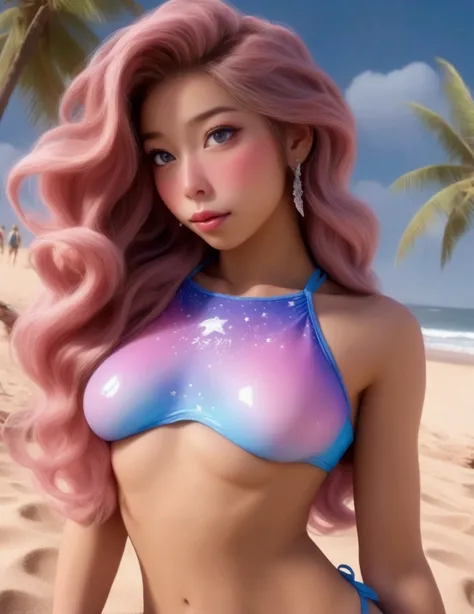 cute Yuna, 2, colorful bikini, relaxing at the beach, UFO in starry sky, realistic, photorealistic, photo-realistic:1.37, best quality,8k,highres,masterpiece:1.2,ultra-detailed,vivid colors,dynamic lighting,cinematic,volumetric lighting,dramatic lighting,v...