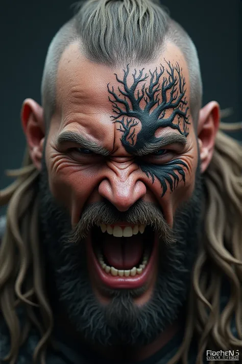 A realistic Viking tattoo image of a screaming, teeth bared Viking with a ygdarsil tattoo around his eye and with his eyes open and long hair shaved on the side 