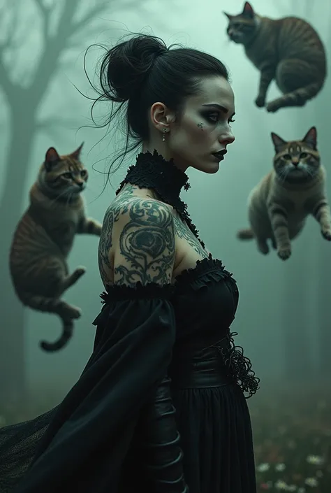 A gothic woman with tattoos on her body and two fat cats being thrown by the wind in the sky 