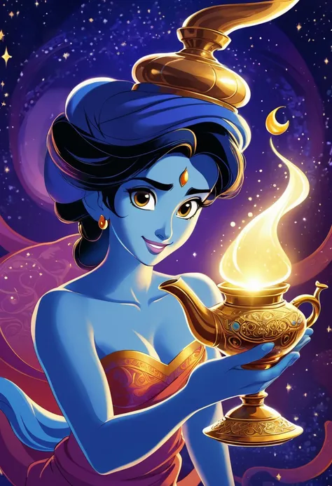 Inspired by Aladdin、Image of a magic lamp and a genie, Winner of numerous awards, masterpiece, , Fantastic sparkling effect, anime, Illustration, american style propaganda poster, 