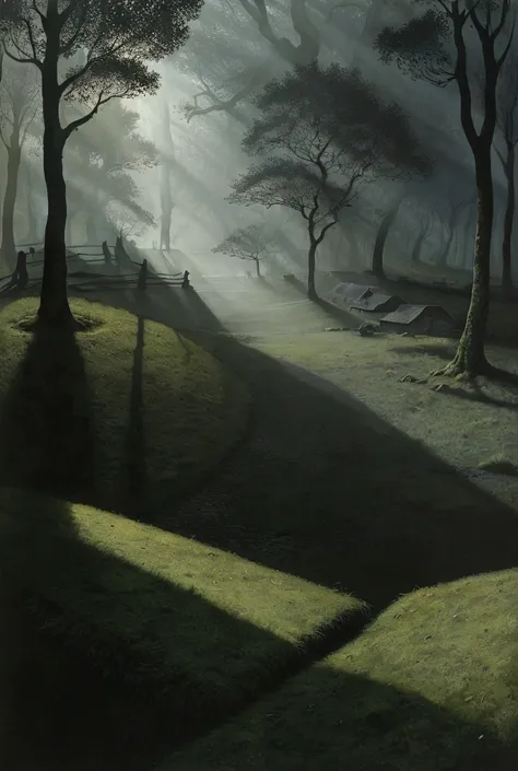 realistic dark oil painting of a medieval village at sunrise, mossy, mist, foggy, shadows, misterious, mithical, dark, rays of light shines trough the woods, ambient, depth of field, volumetric lighting, cinematic lighting, moody, heavy darkness, black sky...