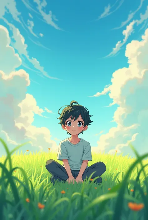 Digital art with anime and boy sitting grass and colorfull sky
