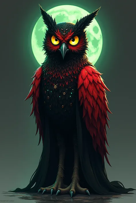 Viyenattia Redfullmoon,siyahtan redya geçişli tüy,yellow eyes, Black-billed. Emerald green on it,golden yellow,blue,red,She has a black dress.A female owl demon with night colors and a starry cloak. Character in my book Bosses of the Hell Show. 