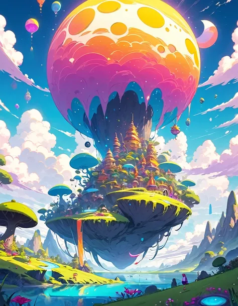 Create an 8K high-definition, richly detailed conceptual anime image inspired by the world of Ooo from Adventure Time. The scene should depict a whimsical and fantastical landscape with a surreal, dreamlike quality. Include a vibrant and diverse terrain wi...