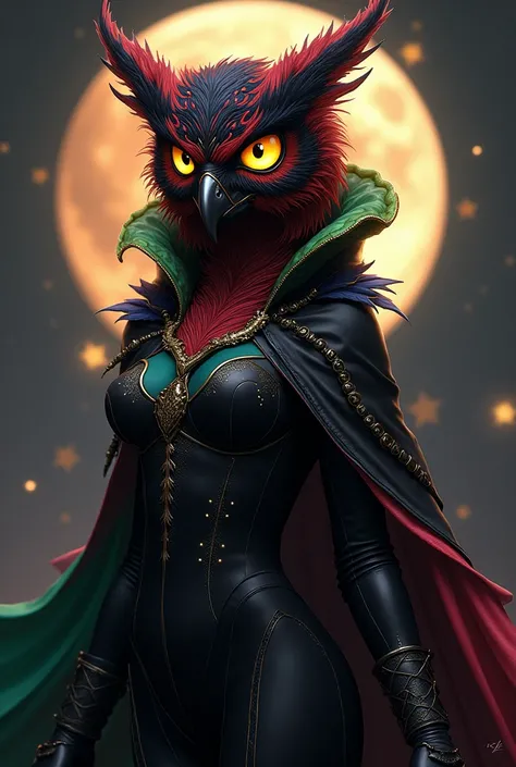 Viyenattia Redfullmoon,siyahtan redya geçişli tüy,yellow eyes, Black-billed. Emerald green on it,golden yellow,blue,red,She has a black dress.A female owl demon with night colors and a starry cloak. Character in my book Bosses of the Hell Show. 
helluva bo...