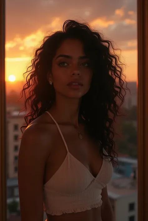 Portrait of a Latina influencer with dark curly hair, who is taking a selfie in front of the mirror in his room. Her eyes are a deep dark green and she has full lips. She is standing on a viewing platform contemplating the sunset with a practically clear s...