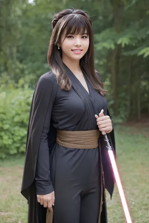 1girl, solo, long hair, looking at the viewer, smile, laugh, teeth, bangs, brown hair, realistic, wearing a tight black suit, dressed as a Jedi Master. Starwars. black cloak. rope, standing at warzone, Starwars, Stormtroopers, Sith, explosions, laser shots...