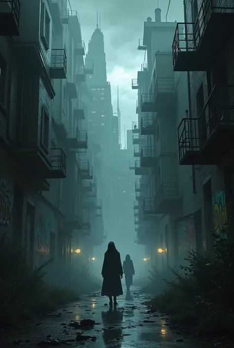 Dark,urban landscape,shadowy figures,twisted buildings,mysterious atmosphere,held headlights,urban landscape nocturno,flashes of distant lights,city skyline silhouette,abandoned alleys,misty fog rolling in,desolate streets,Hauntingly beautiful architecture...