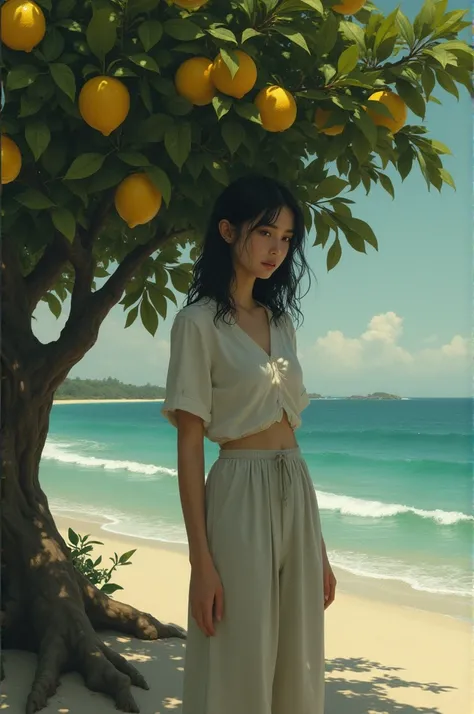 A woman with sad smile on face at beach beside lemon tree