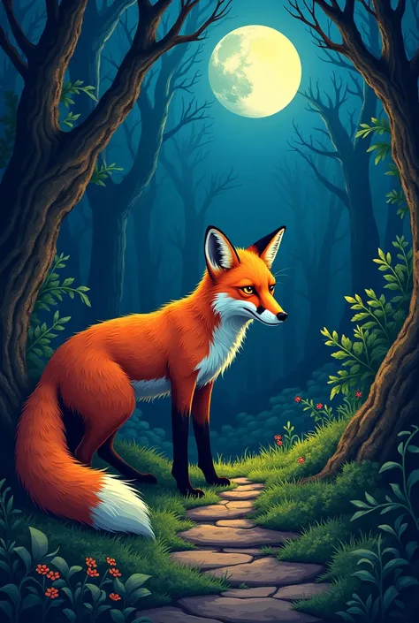 Fox in the forest Night Small bushes and moss Street art