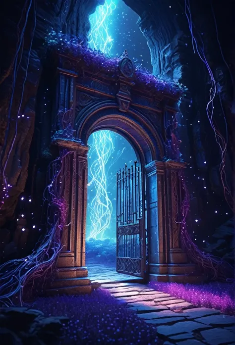 (Digital Artwork:1.3) of (Sketched:1.1) octane render of a mysterious land with a large (magical:1.2) gate (portal:1.3) intricate (vine:1.2), realistic digital painting portrait, shot at 8k resolution, petrol liquid, blue and purple magic universe, light e...