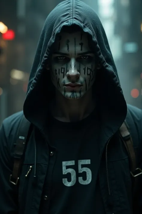 Anonymous hacker with the number 15k written on his face and 55 on his shirt