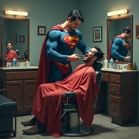 Create a realistic image. In a barbershop. Avenger superman  cutting a mans hair.  The mans face looks like its screaming in fear and his hair stands on end, and laughs. The image will be made in front angel, background is cool