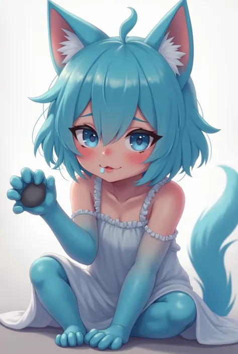 blue furry girl, we can clearly see her paw (foot) and she drools on it, she is lightly dressed and very pretty with cat ears and a cat tail